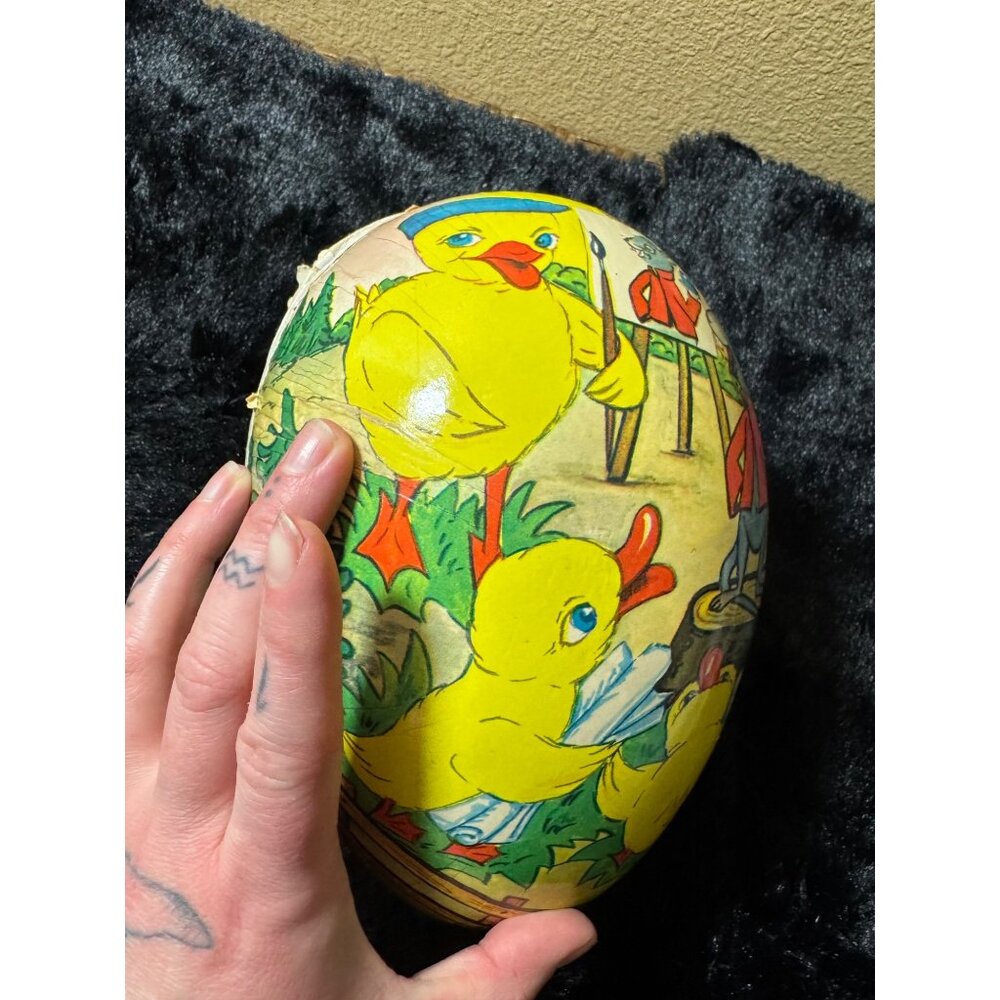Vintage Papier-Mâché Easter Egg With Duck & Mouse Painters 11" - Picture 2 of 11